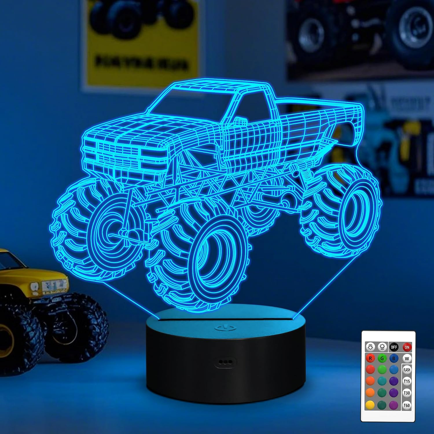 3D Night Lights for Children, Kids Night Lamp, Monster Trucks for Boys, 16 LED Colors Changing Lighting, Car Shape Acrylic Lighting Table Desk Bedroom Decoration, Ideas Birthday Xmas | Amazon (US)