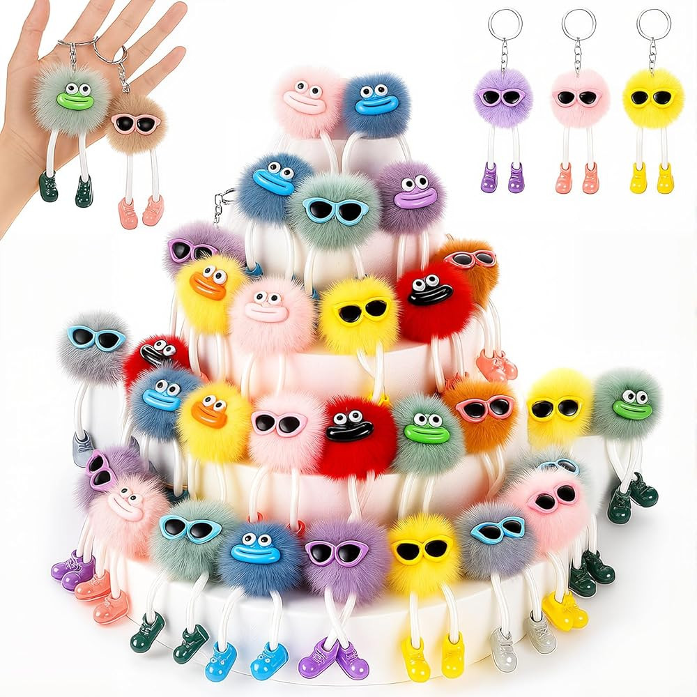 48 Pcs Kawaii Keychains Bulk Cute Plush Keychains Fluffy Pompoms Balls with Tassels and Keyrings ... | Amazon (US)