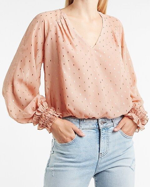 Metallic Dot Balloon Sleeve V-Neck Top | Express