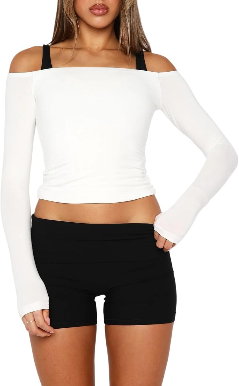 Womens Off The Shoulder Long Sleeve Workout Tops Going Out Y2k Active Streetwear Gym Shirts Without Straps | Amazon (US)