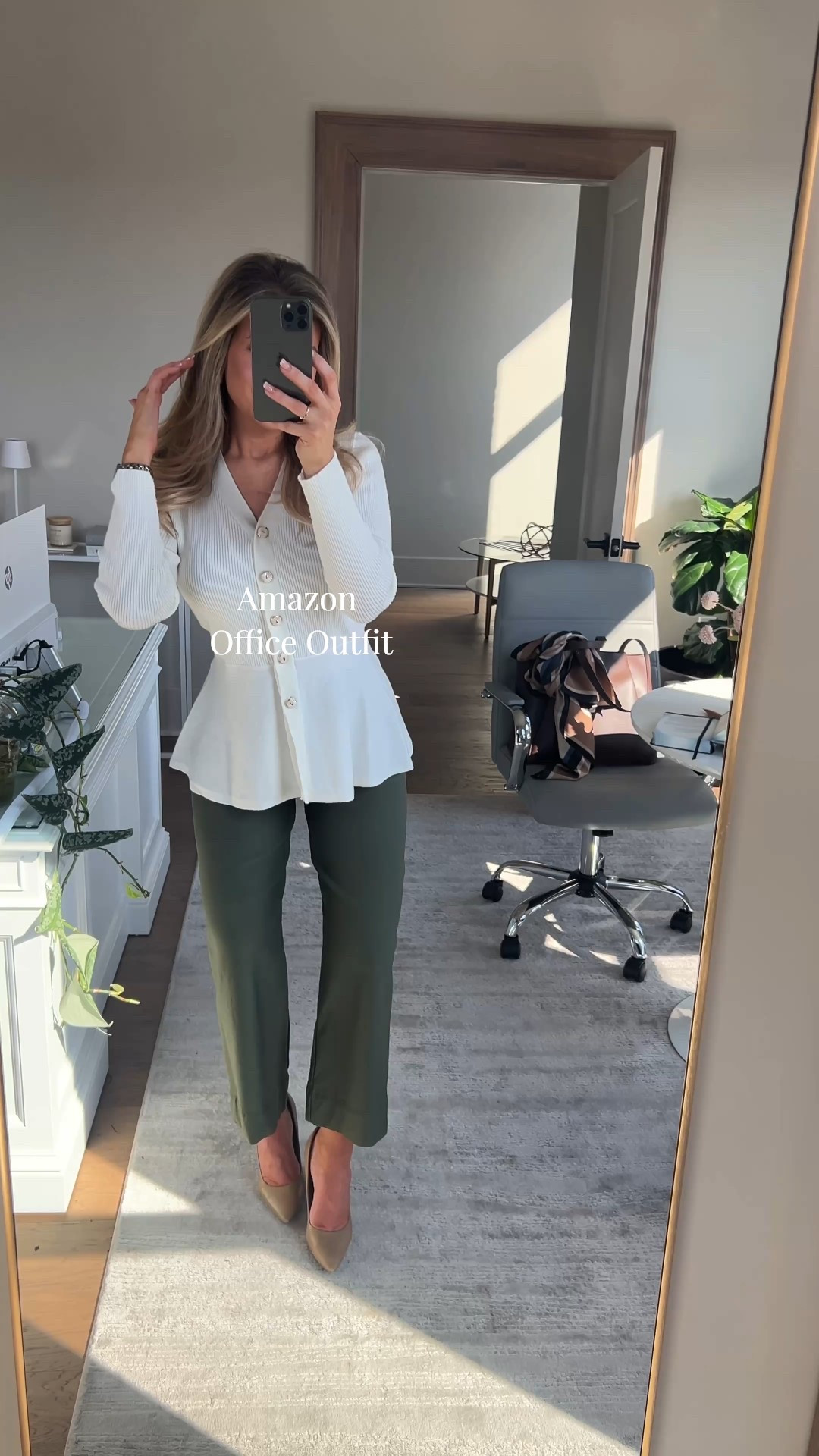 Spring Amazon office outfits coming right up! Loving this little peplum sweater! Would also be cute paired with jeans. I have 3 colors in these pants now 🤭

Wearing size small in top and 26 in pants!

Business casual, green pants, office outfits for work, work outfits for spring 

#LTKWorkwear #LTKootd