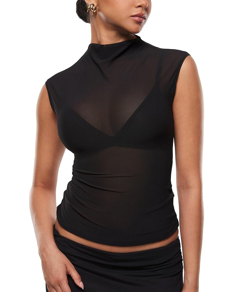 INLYRIC Women's Cosnufy Mesh Sheer Mock Turtle Neck Tank Tops See Through Sleeveless Sexy Summer ... | Amazon (US)