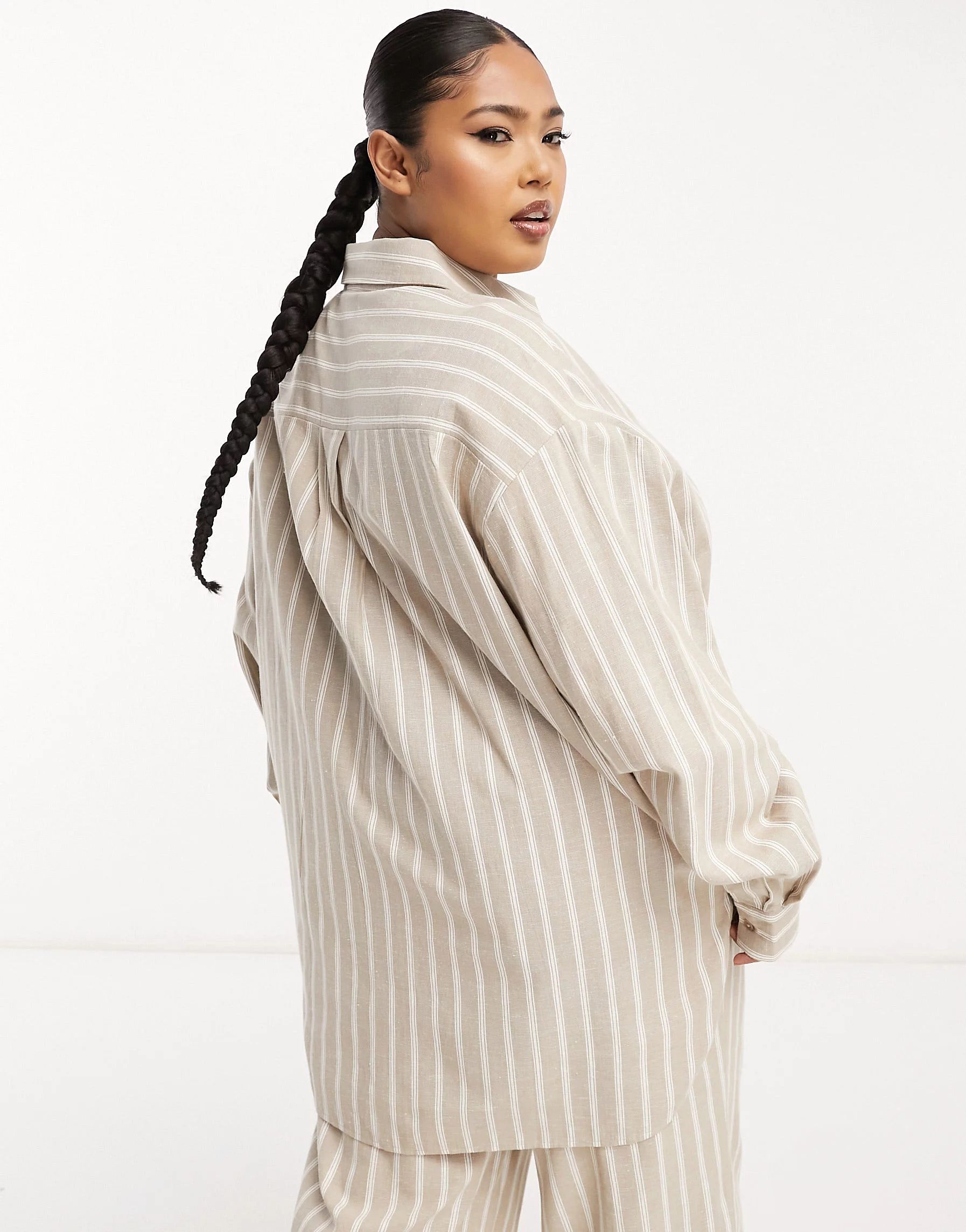 ASOS DESIGN Curve co-ord oversized boxy shirt with linen in mixed stripe | ASOS (Global)