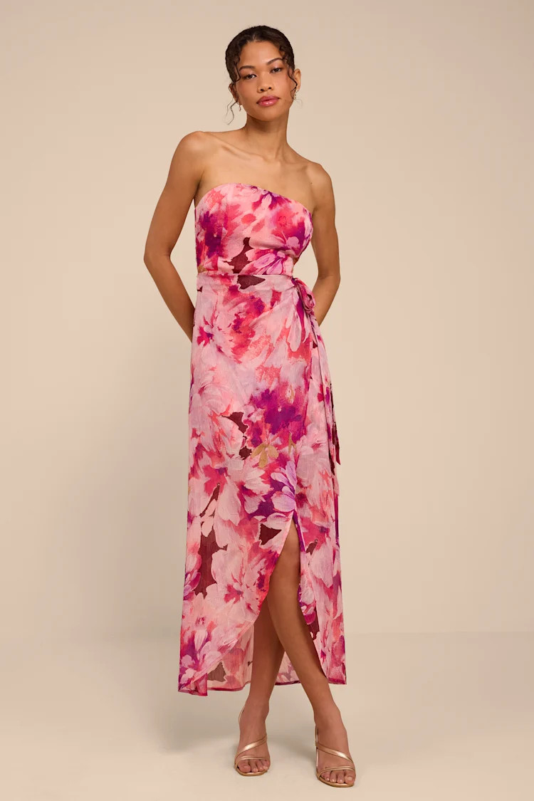 Shelby Pink Multi Floral Wrap Midi Dress | Lulus