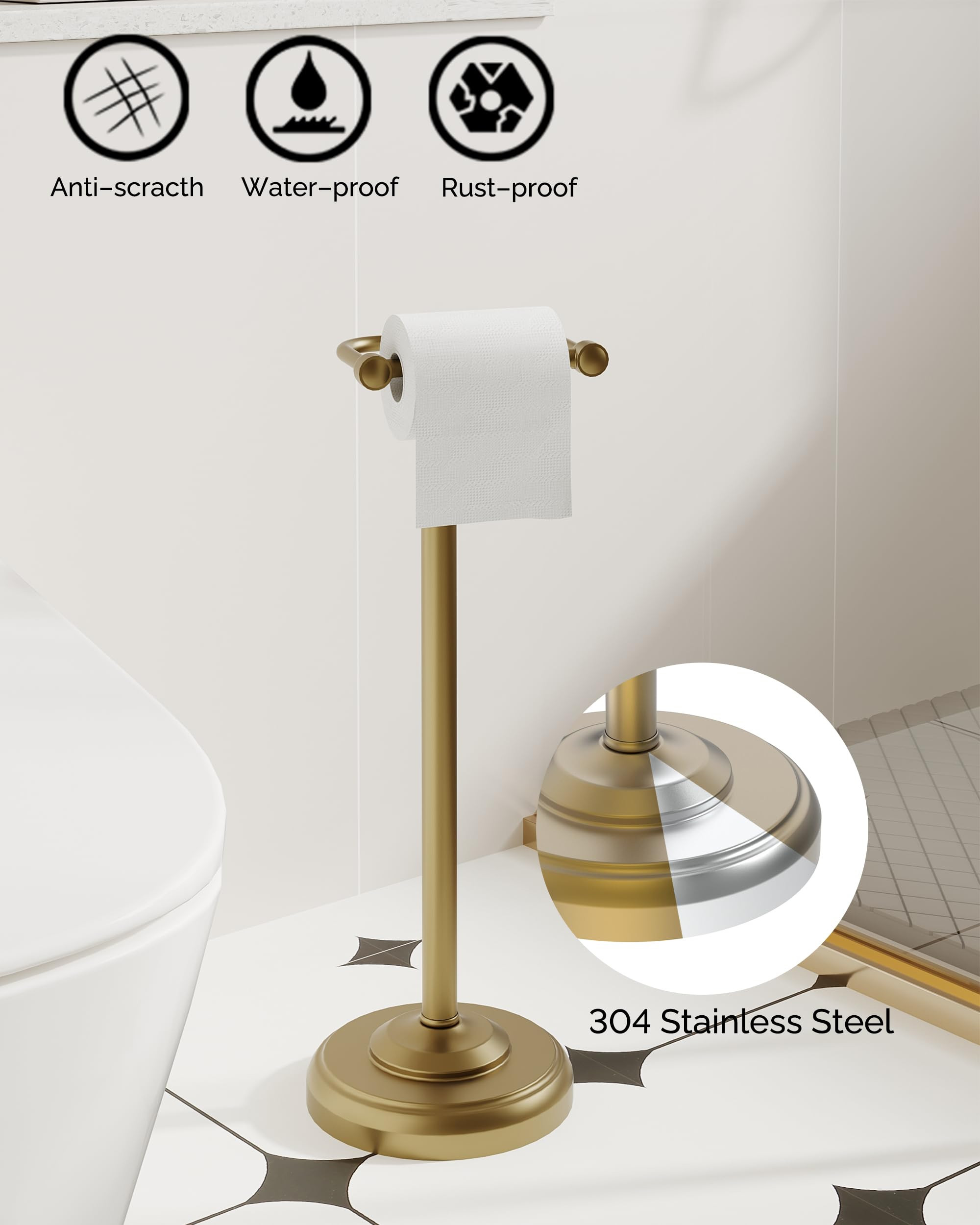 Toilet Paper Holder Stand, Brushed Brass Toilet Paper Holder Free Standing, Post Pivoting Design ... | Amazon (US)