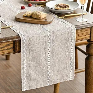 Artoid Mode Brown Rustic Cotton Linen Table Runner, Seasonal Embroidered Hollow Kitchen Dining Ta... | Amazon (US)