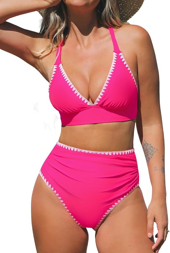 CUPSHE Women's Bikini Sets High Waisted Swimsuit Deep V Neck Crisscross Back Tie Stitching Ruched... | Amazon (US)