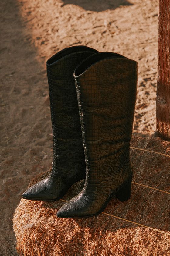 Maryana Black Croc-Embossed Leather Knee-High Boots | Lulus (US)