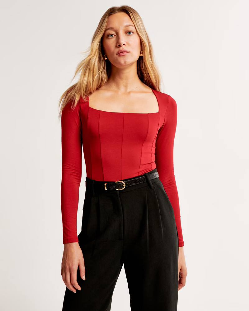 Women's Long-Sleeve Cotton-Modal Squareneck Corset Bodysuit | Women's Tops | Abercrombie.com | Abercrombie & Fitch (US)