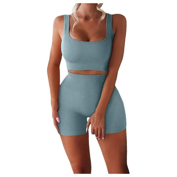 Donald Women Workout Sets 2 Piece Seamless Ribbed Tank High Waist Shorts Yoga Outfits | Walmart (US)
