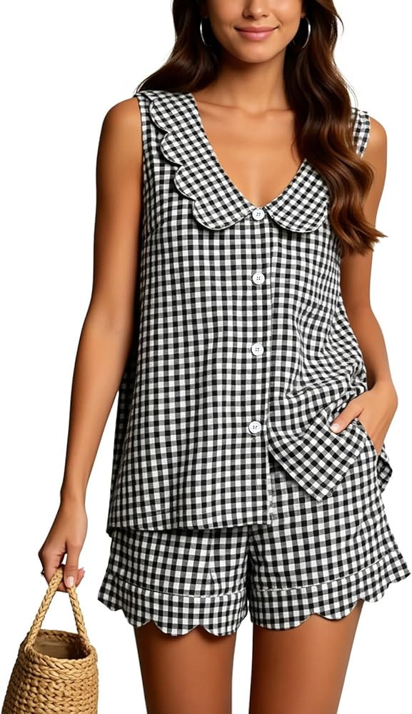Women's Gingham Two Piece Set - Plaid Sleeveless Button Down Top & Shorts Scalloped Trim Pajama L... | Amazon (US)