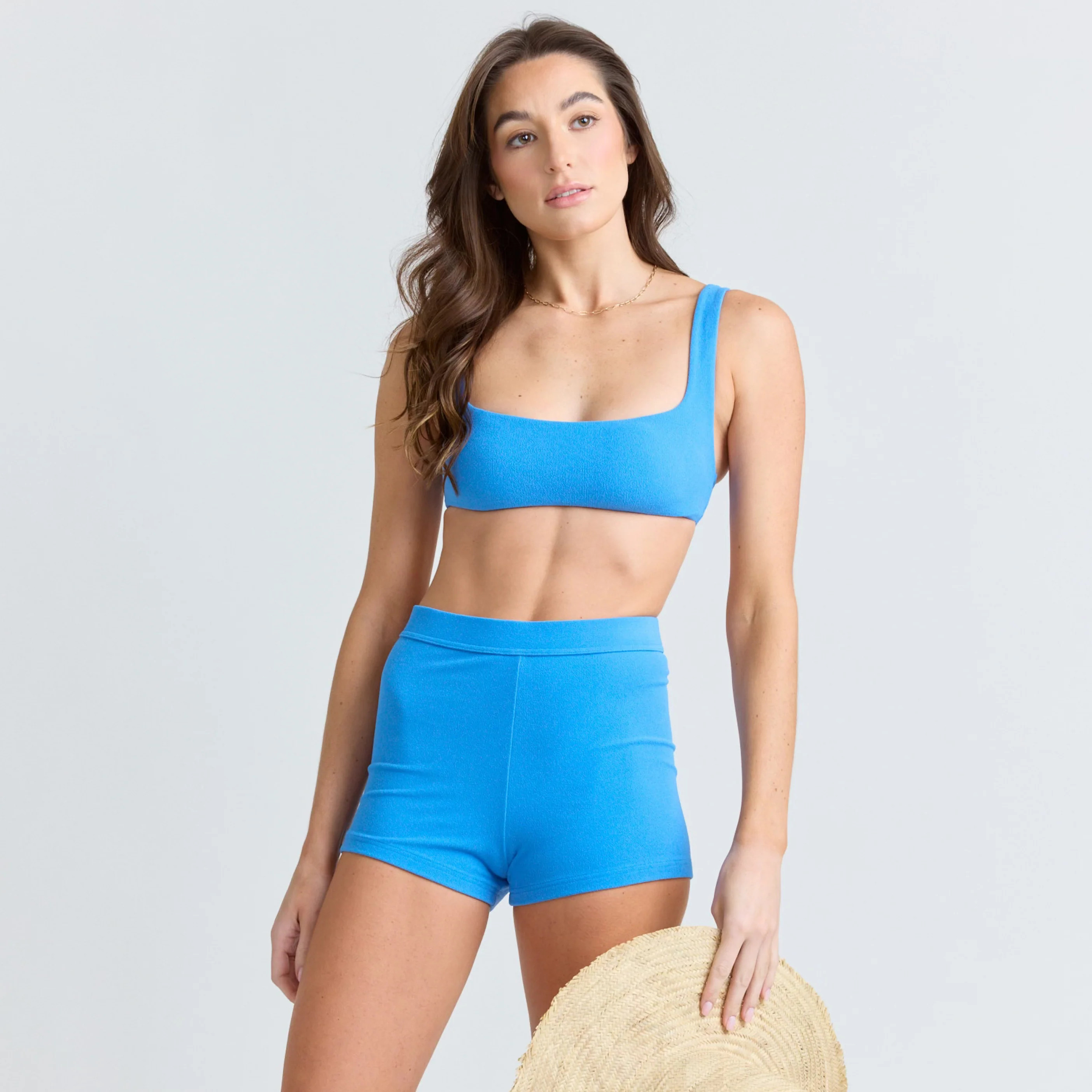 women's deep sea blue terry square neck bikini top | Minnow