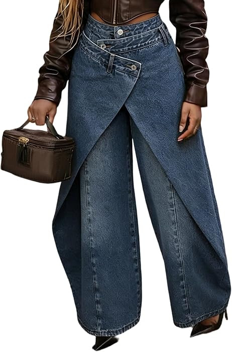 Asymmetrical Baggy Jeans for Women High Waist Wide Leg Denim Pants | Amazon (US)