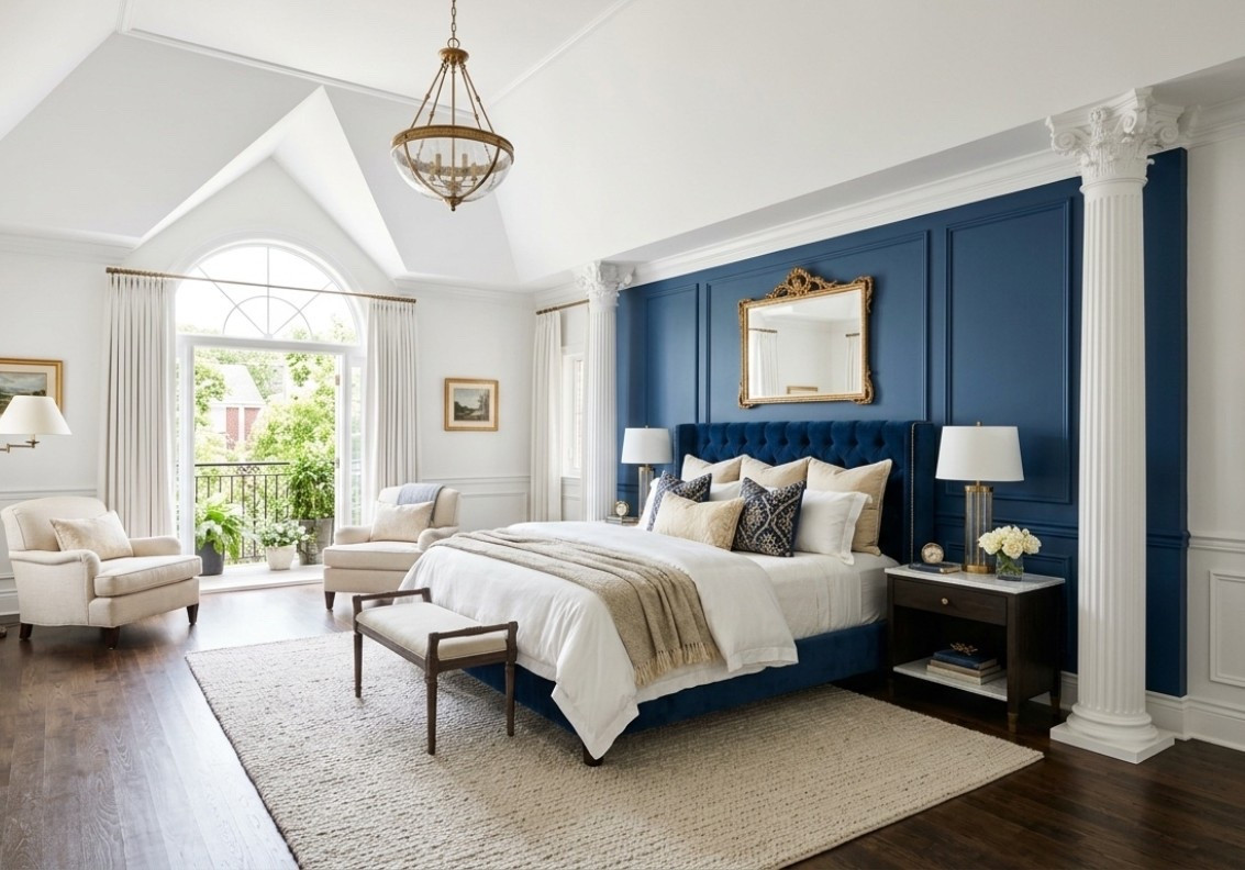 True luxury lies in the architectural details. Creating a sanctuary requires a masterclass in color theory—pairing a deep, authoritative navy with cream textiles and warm gold accents to ground a high-ceilinged space. The velvet textures and neoclassical columns bring a sense of "quiet luxury" that feels both timeless and editorial.
Designing a bedroom with this level of intentionality is about more than just aesthetics; it’s about creating a visual narrative that supports a refined lifestyle. From the tray-ceiling symmetry to the play of natural light against saturated walls, every element is curated to feel like an investment in daily wellness and high-end design.
#InteriorCuration #LuxuryLiving #QuietLuxury

#LTKdayinmylife #LTKvlog #LTKHome