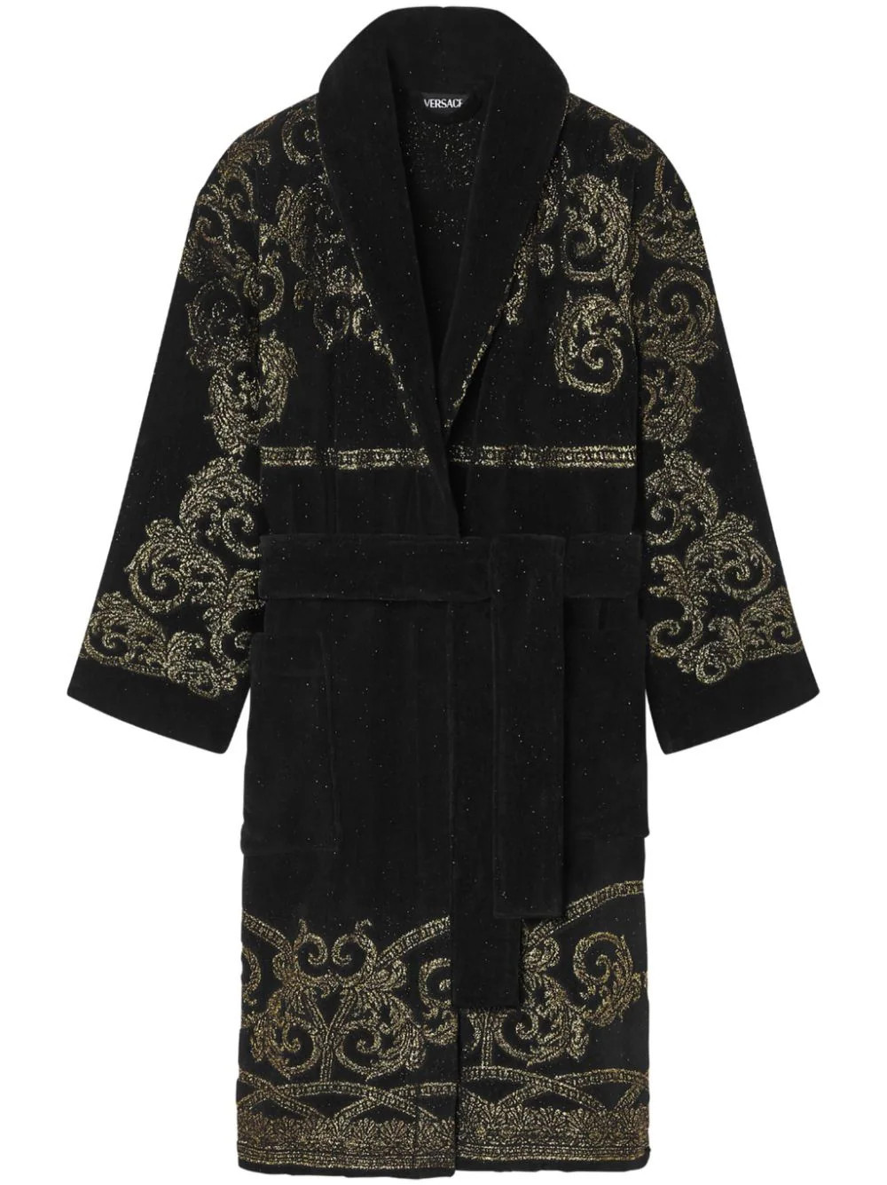 Versace barocco-embroidered belted bath robe - Black | Farfetch Global