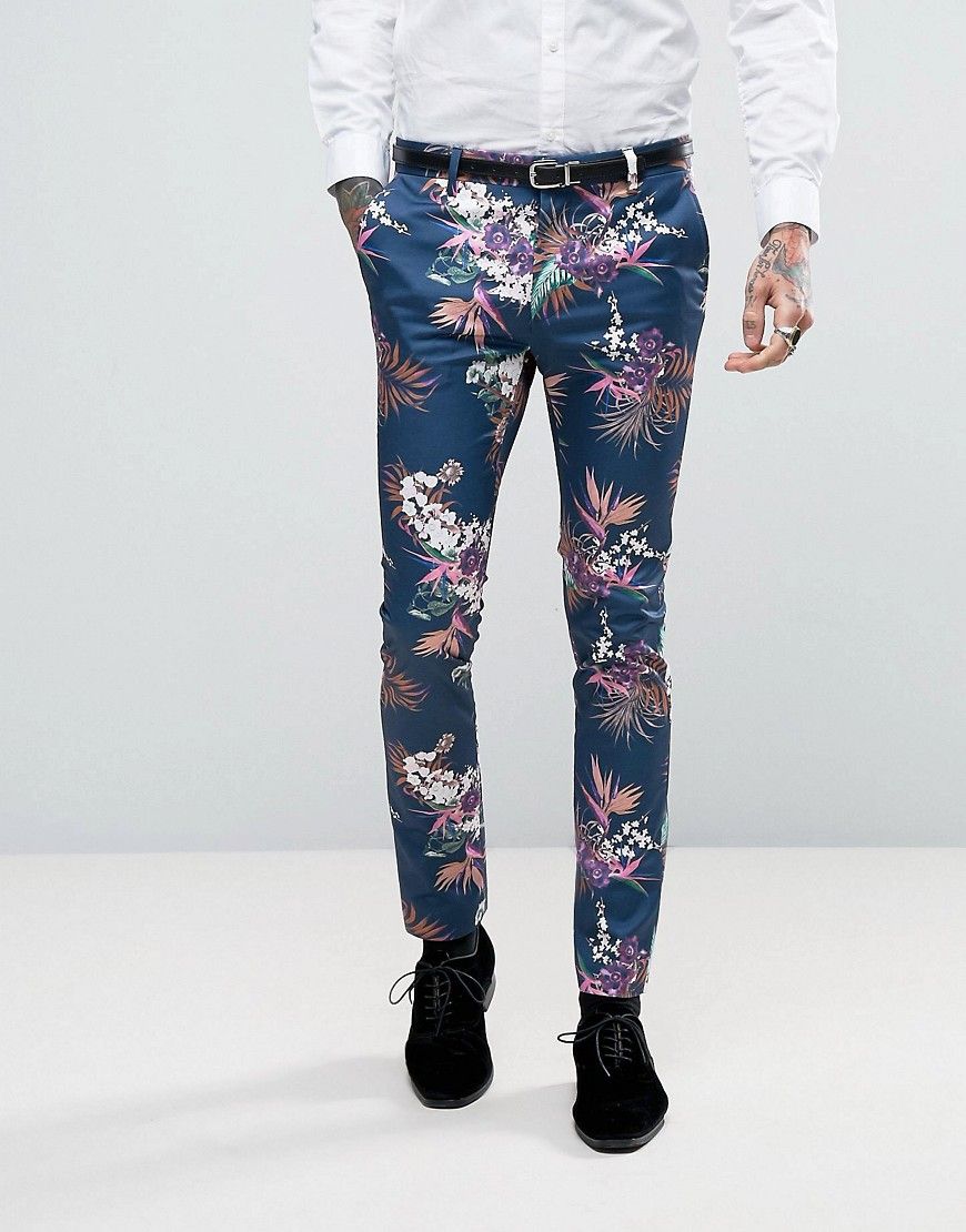 ASOS Super Skinny Suit Pants In Blue Tropical Floral Print In Sateen - Navy | ASOS US