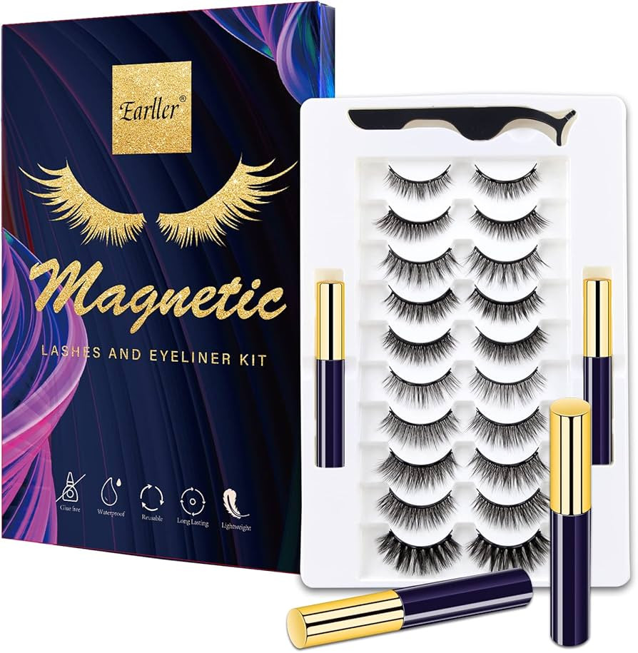 EARLLER Magnetic Eyelashes with Eyeliner Kit,10 Pairs Natural Look False Lashes with Applicator -... | Amazon (US)