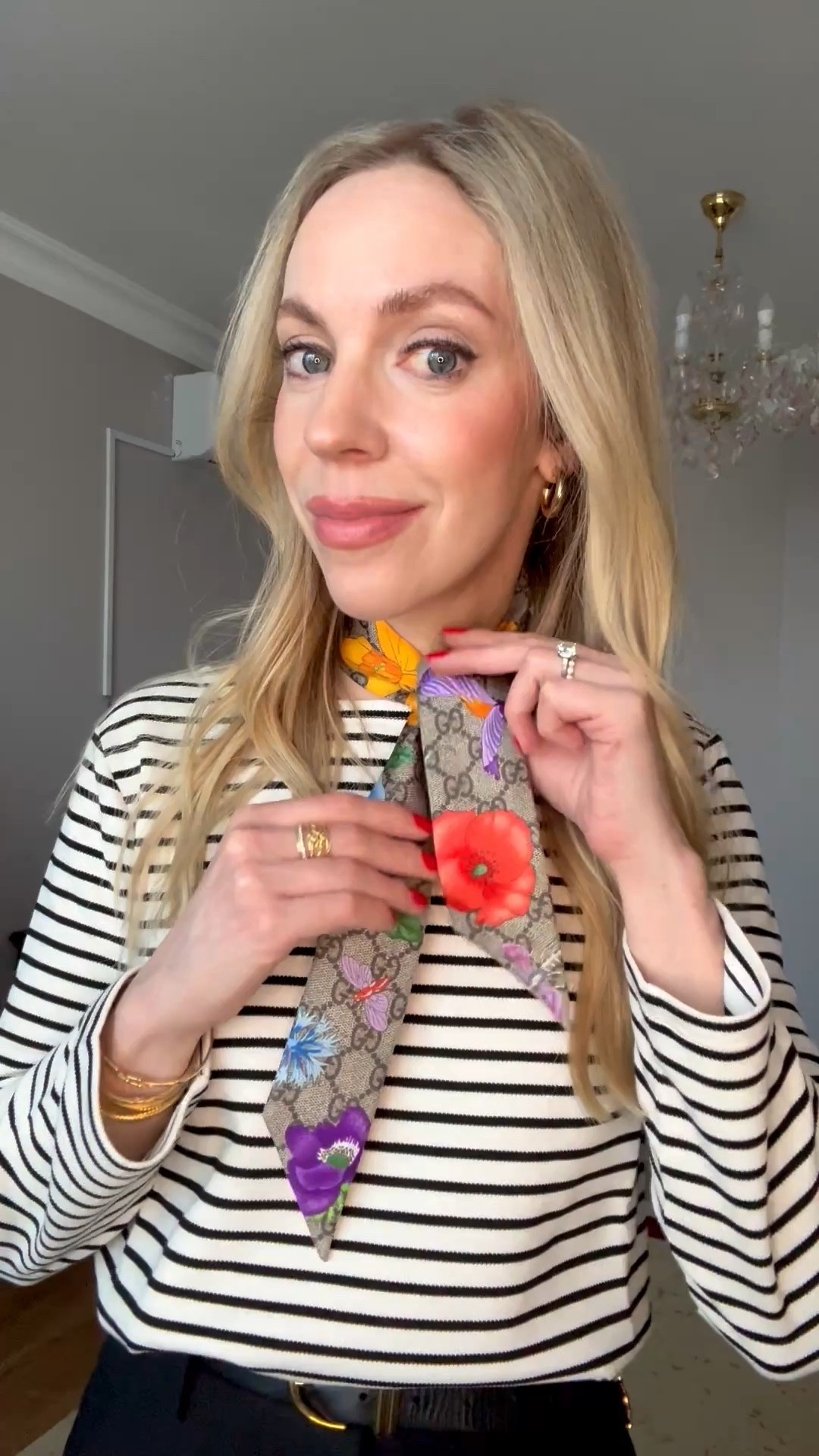 Spring workwear, business casual, Gucci floral print silk scarf, striped top, @abercrombie black trousers 

#LTKOver40 #LTKWorkwear #LTKootd