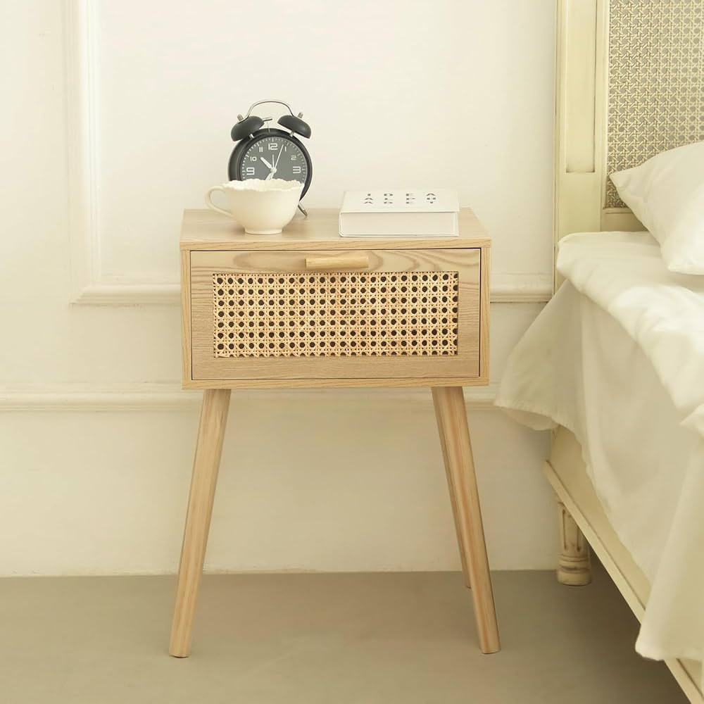AWASEN Rattan Nightstand, Bedside Table with Rattan Drawer, Wood End Table with Storage and Solid... | Amazon (US)