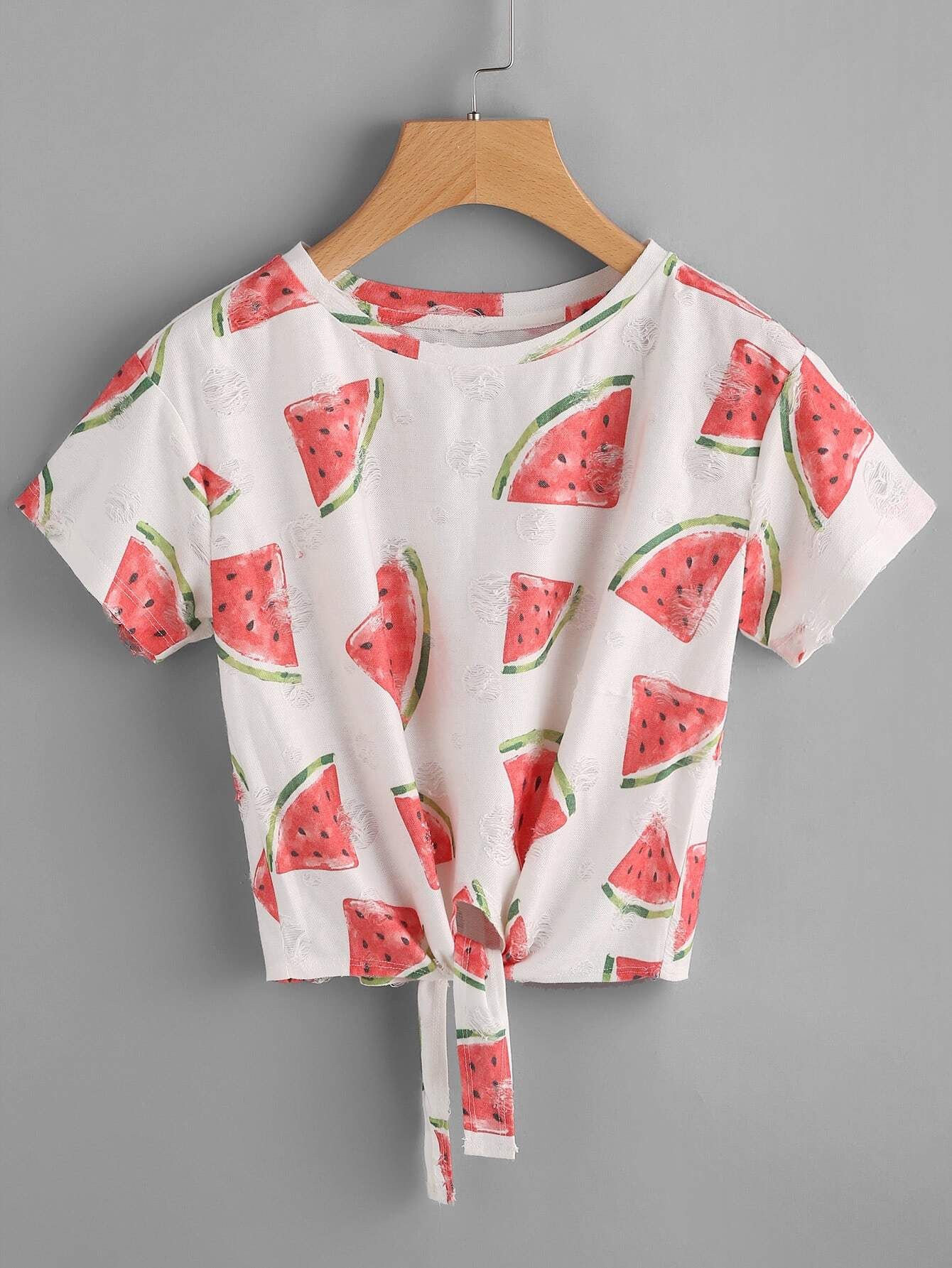 Watermelon Print Frayed Dot Detail Knot Front Tee | SHEIN