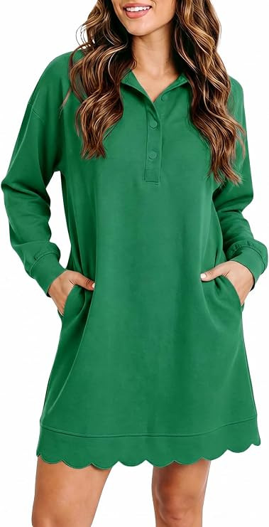 Fisoew Womens T Shirt Mini Dress Casual Long Sleeve V Neck Athletic Dresses | Scalloped Hem, Pock... | Amazon (US)
