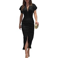 CHICME Summer Dresses for Women Floral Print Plunge V Neck Midi Dress Casual Ruched Slit Bodycon ... | Amazon (US)