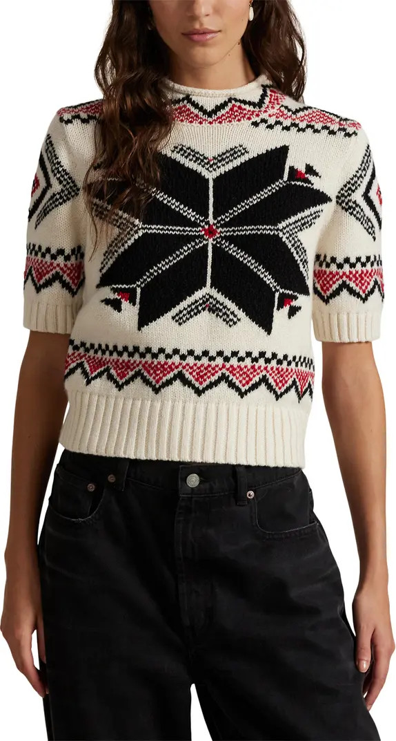 Snowflake Mock Neck Short Sleeve Wool, Cotton & Alpaca Sweater | Nordstrom