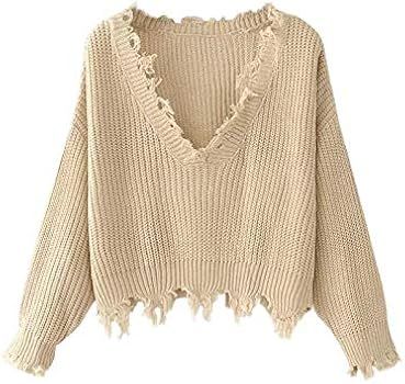 ZAFUL Women's Solid V Neck Loose Sweater Long Sleeve Ripped Jumper Pullover Knitted Crop Top | Amazon (US)