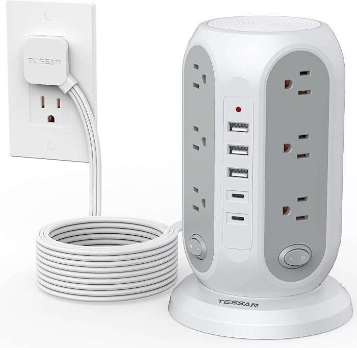TESSAN Tower Power Strip Surge Protector, Flat Extension Cord 15 Ft, Grey | Amazon (US)