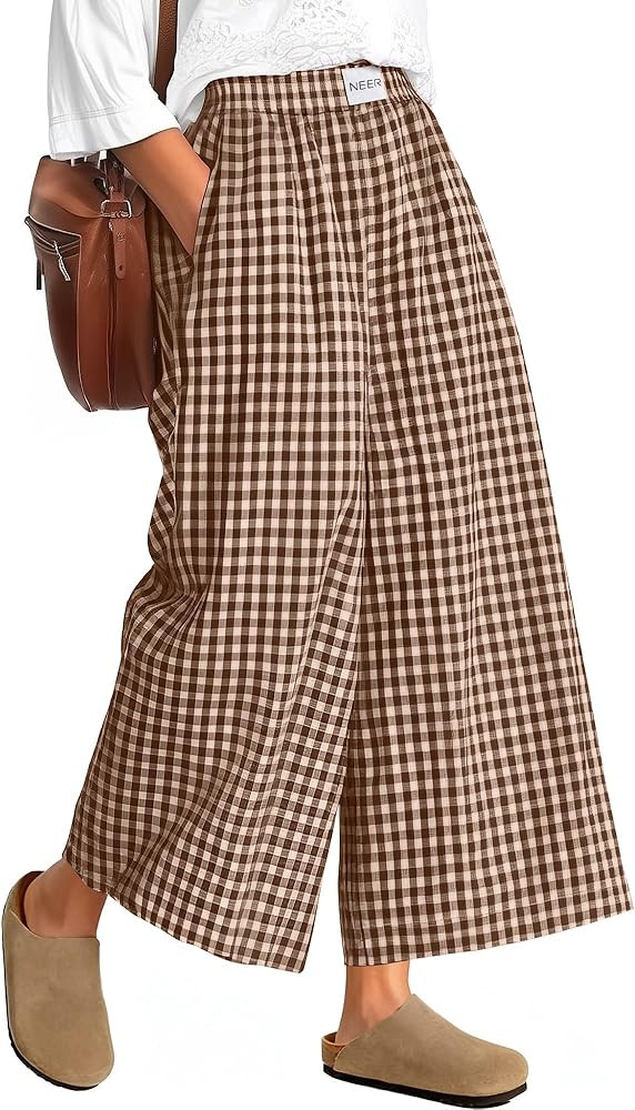 Neer Women's Plaid Gingham Skirt Pants Flowy Oversized Wide Leg Culottes Elastic Waist Palazzo Ca... | Amazon (US)