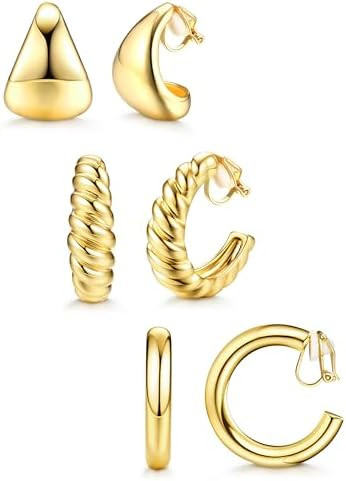 BESTEEL 3Pairs Clip on Earrings for Women Trendy Hypoallergenic 14K Gold Plated Chunky Tube Crois... | Amazon (US)