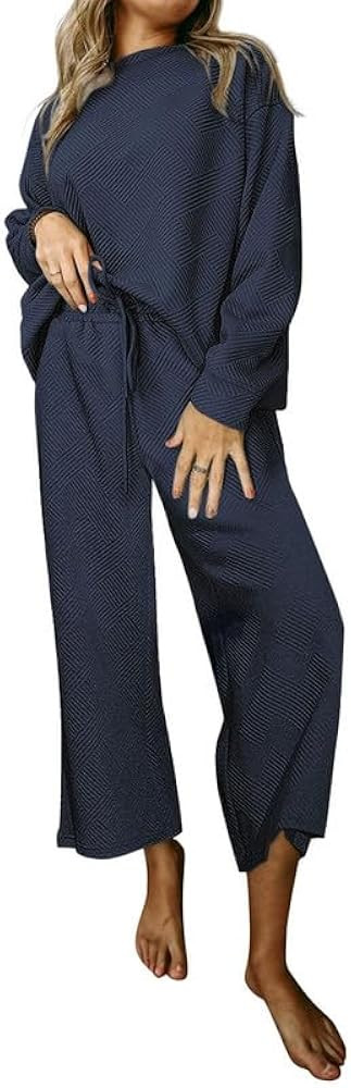 SHEWIN Women's 2 Piece Outfits Sweatsuit Casual Long Sleeve Pullover Tops and Drawstring Wide Leg... | Amazon (US)