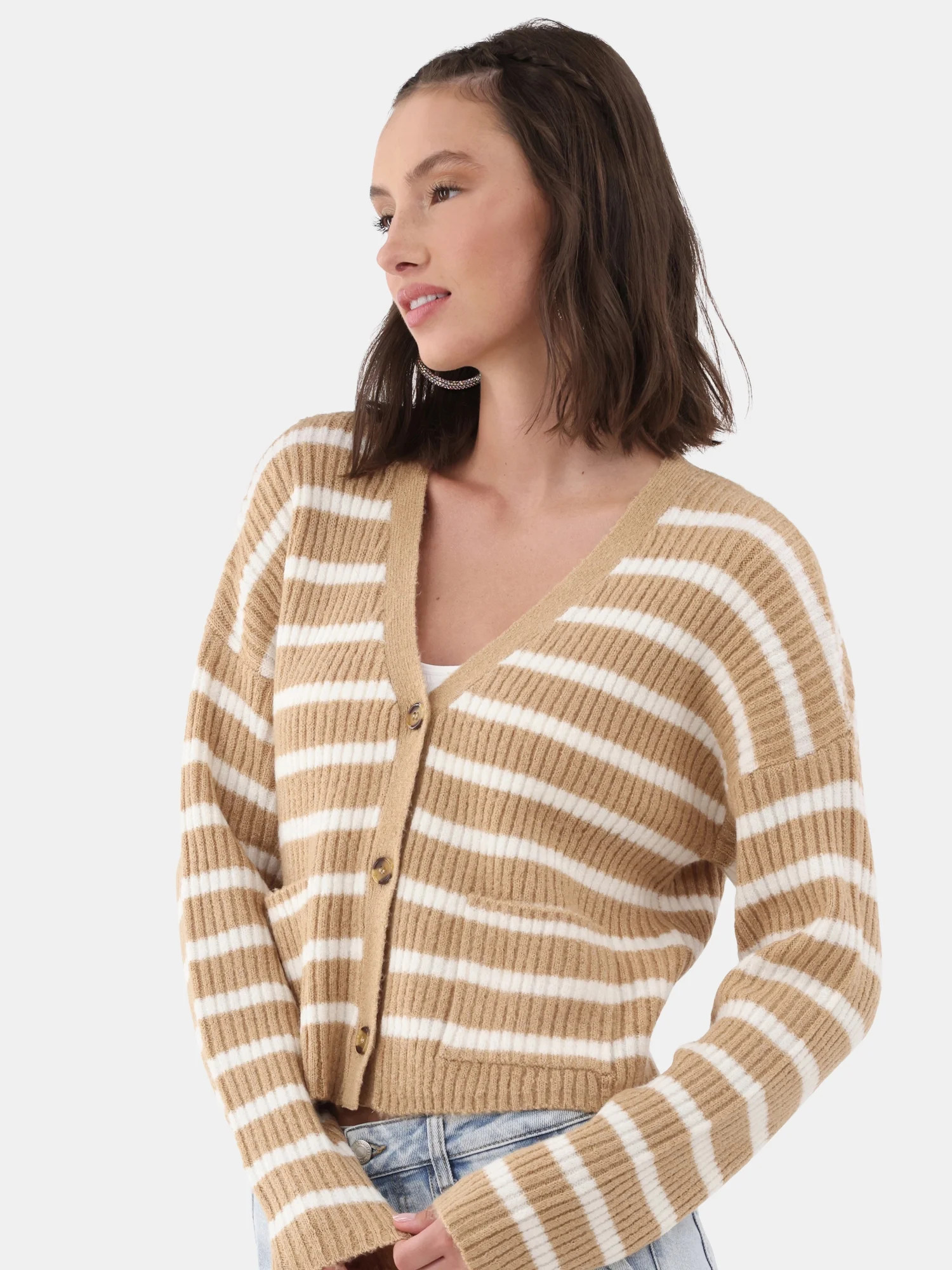 No Boundaries Button Front Ribbed Cardigan Sweater, Midweight, Women’s | Walmart (US)