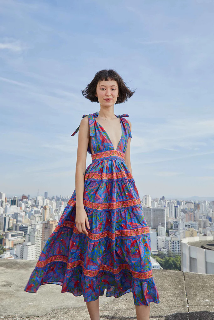 Blue Macaw Flight V Neck Midi Dress | FarmRio (US)