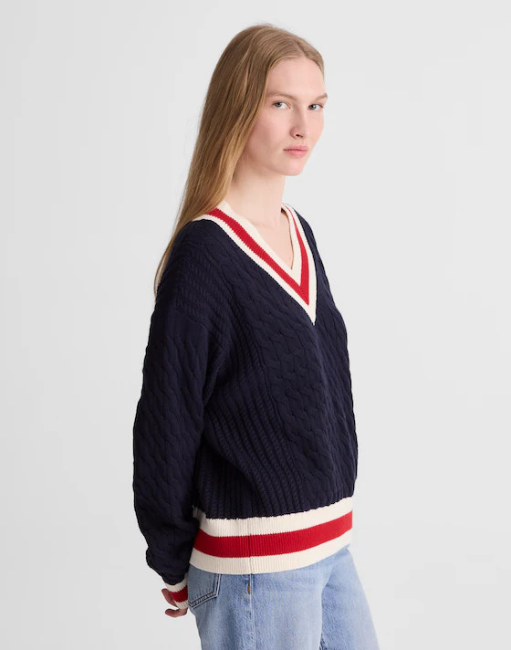 Cable-Knit V-Neck Varsity Sweater | Madewell