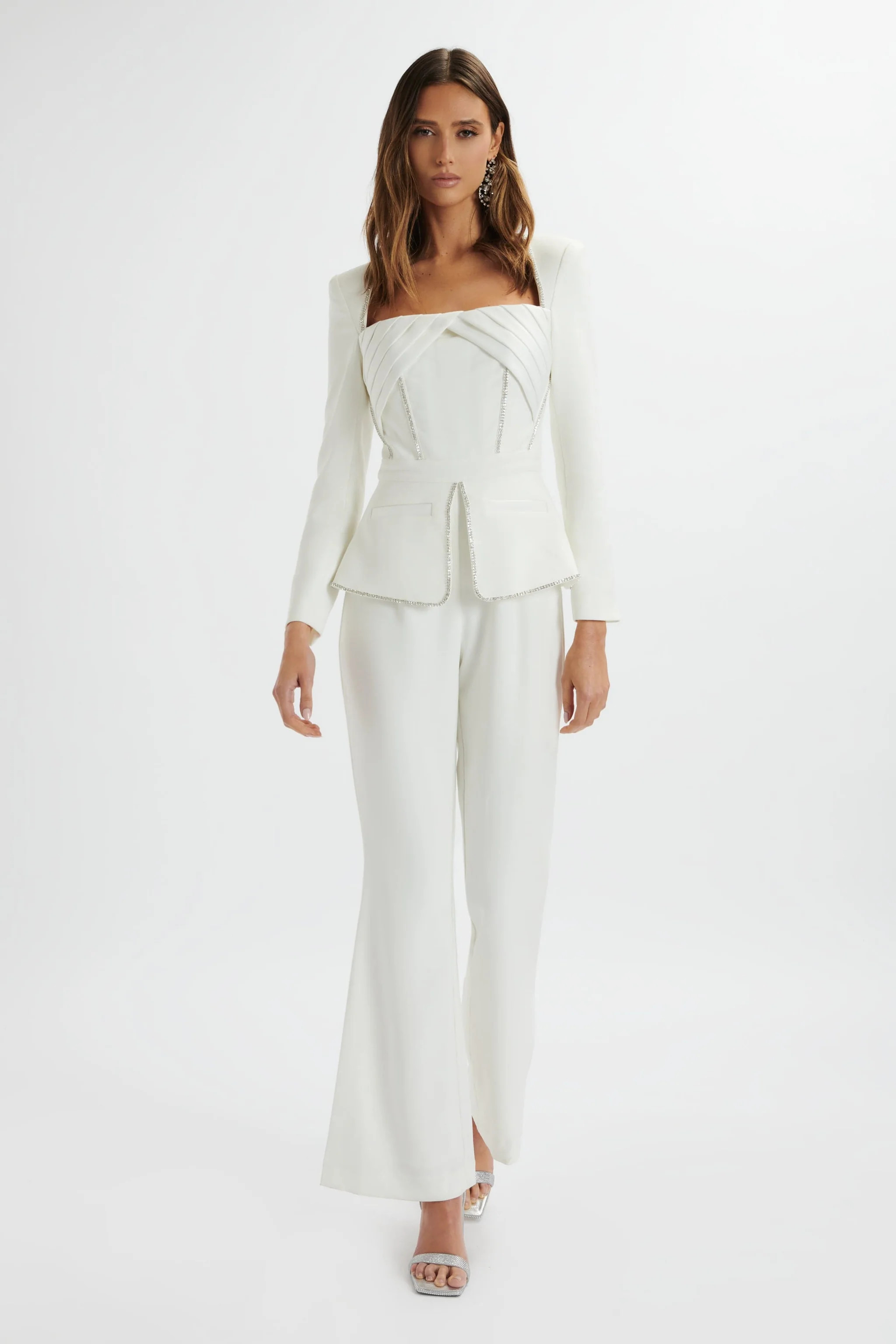 JESSIE Diamante Trim Tailored Jumpsuit In White | Lavish Alice Retail Ltd