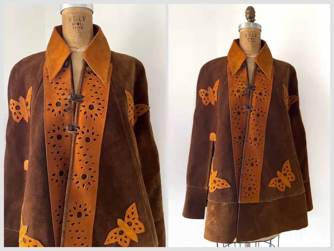 Vintage 1970’s Suede Poncho, Genuine Leather Cape With Butterfly Appliqués | Boho Aesthetic, F... | Etsy (US)