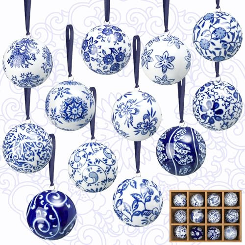 Cindeer 12 Pcs Christmas Porcelain Balls 2.4 Inch Blue and White Porcelain Chinoiserie Ornament Bulk Porcelain Hanging Decorative Ceramic Decor for Home Tree Xmas Party (Elegant Style) | Amazon (US)