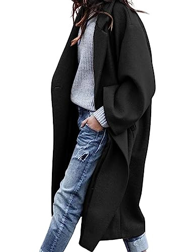 UANEO Women's Wool Blend Coat Oversized Double Breasted Long Trench Overcoat Winter (Black-M) | Amazon (US)