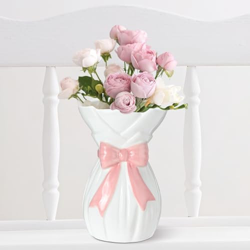 Pink Bow Vase for Home Decor 7.1 Inch Cute Coquette Gifts for Women Girls Shabby Chic Decorative Ceramic Hand Made Vases for Bouquet Flower Modern Aesthetic Living Room Wedding Decor | Amazon (US)