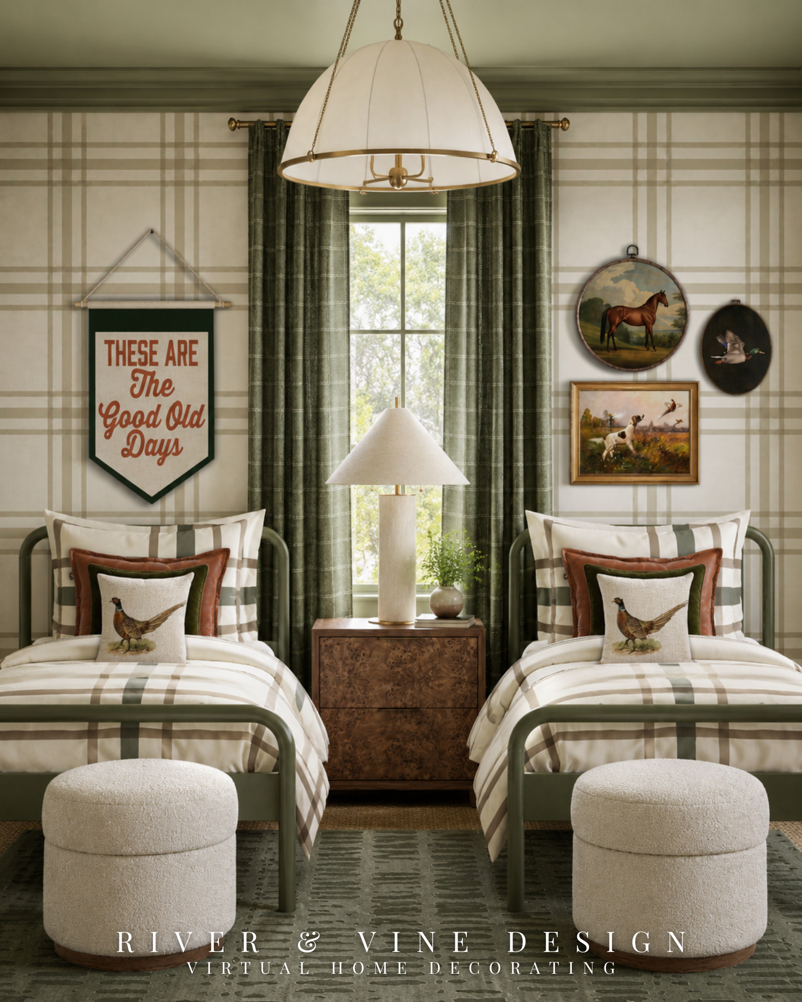 A themed bedroom feels sophisticated when the theme is implied, not repeated everywhere.

Instead of filling the room with novelty decor, this Ralph Lauren–inspired twin bedroom uses a restrained equestrian palette: olive green, saddle brown, cream, antique brass, and aged wood. Plaid wallpaper and striped bedding establish the pattern, while the sporting artwork and pheasant pillows add just enough personality.

The result is a timeless guest room or boys’ bedroom that feels layered, nostalgic, and grown-up. Save this color and pattern formula for an elevated Americana interior.

Affiliate links may earn me a commission at no additional cost to you. 

 #LTKHome