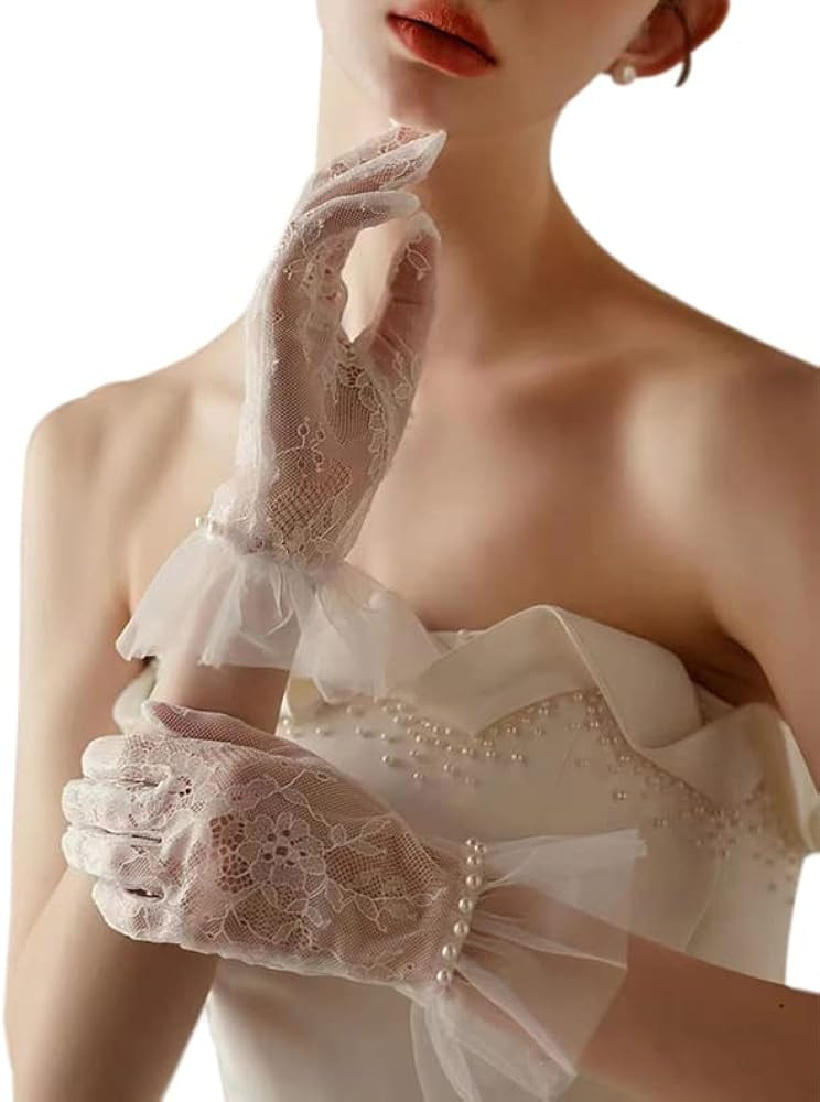 Short Lace Mesh Gloves Tulle Border with Pearls Wedding Opera Tea Party Gloves for Women Formal | Amazon (US)
