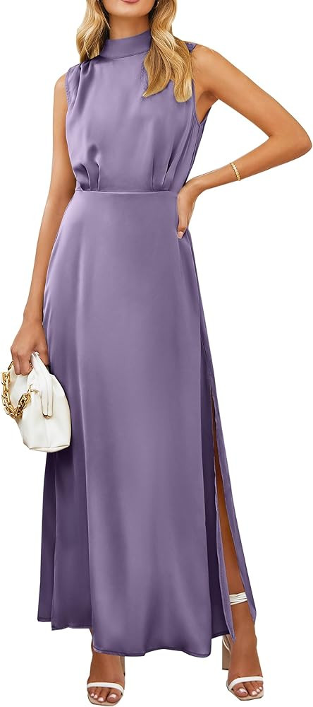 PRETTYGARDEN Womens Thigh Slit Mock Neck Satin Maxi Dress | Amazon (US)