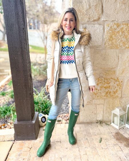 When life gets a little dreary, a pop or two of color can really lift your mood! This fun take on a Fair Isle sweater is super soft and runs TTS. Skinny jeans are a necessity when you want to pull on the good old Hunter boots. I bought these almost 15 years ago and they still look brand new! I sized down one size. The jacket is another older purchase that I reach for every time it gets cold-at this time of year it just lives hanging on the back of my kitchen barstools so I can throw it on every time I have to take the dogs out. That hood really came in handy during all the rain, too! Jacket also runs TTS and comes in so many colors!

Winter outfit rain boots sweater fashion over 40 fashion over 50 casual style everyday outfit Amazon finds 

#LTKshoecrush #LTKover40 #LTKSeasonal