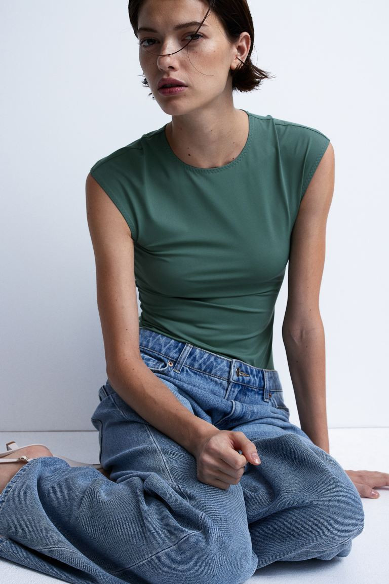 Cap-sleeved body - Dusty green - Ladies | H&M GB | H&M (UK, MY, IN, SG, PH, TW, HK)