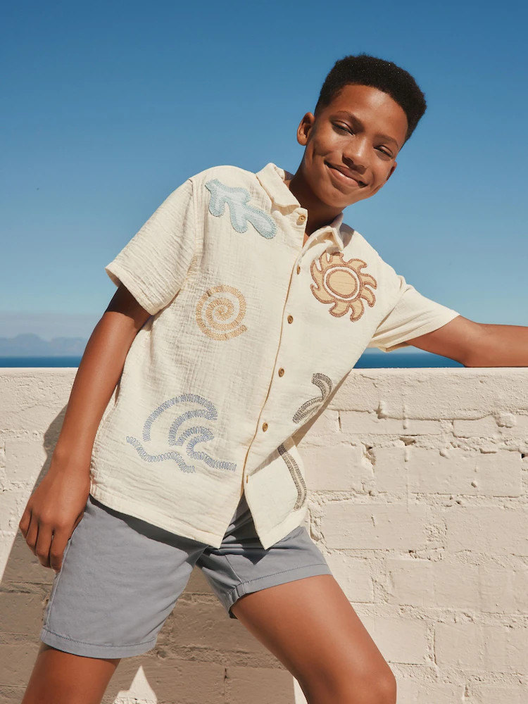 Ecru Embroidery Sun Palm Short Sleeve Palm Embriodered Shirt (3-16yrs) | Next US