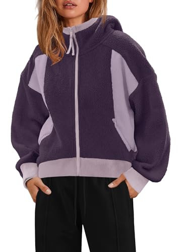 SENSERISE Womens Sherpa Jacket Zip Up Fuzzy Fleece Hoodie Oversized Long Sleeve Color Block Outerwear with Pockets(Dark&Light Purple,XL) | Amazon (US)
