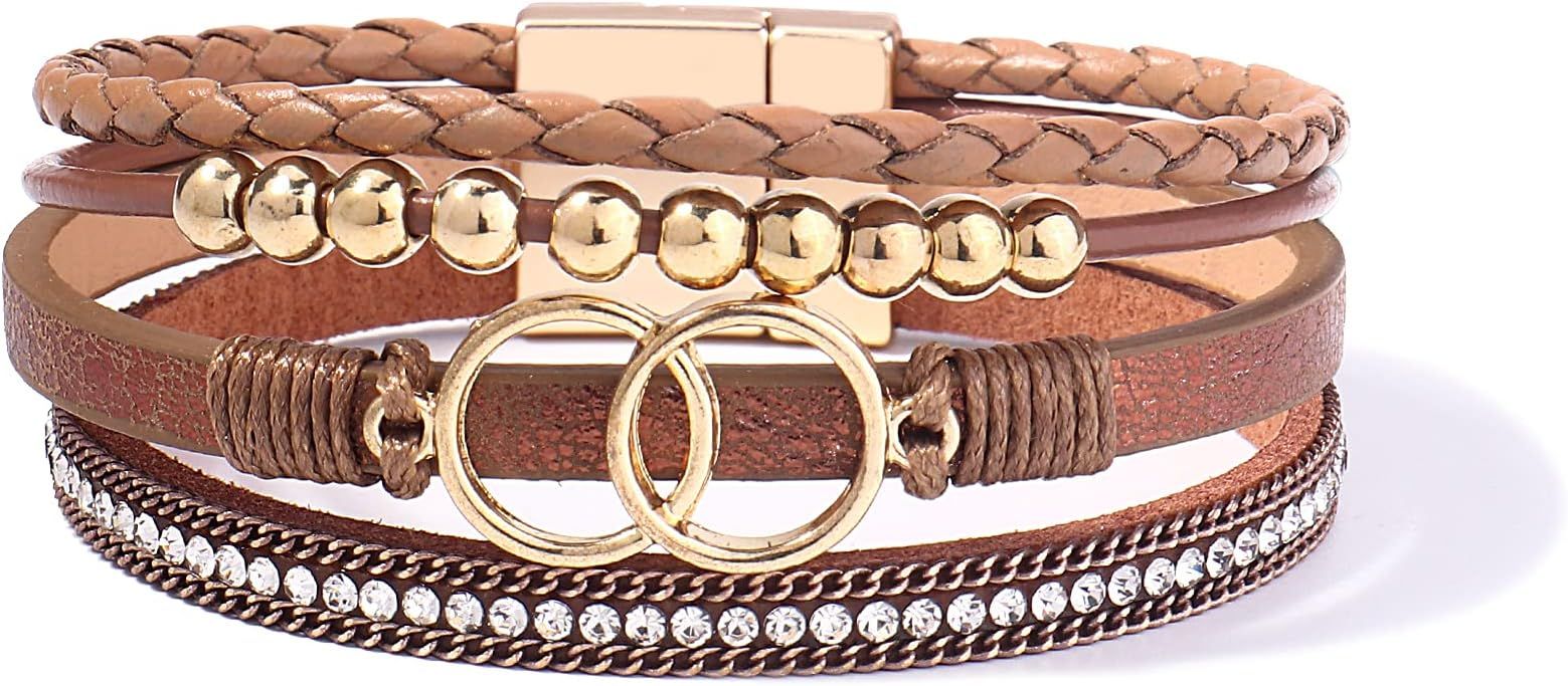 FANCY SHINY Boho Wrap Bracelets Leather Cuff Bangle Gold Beaded Bracelets for Women Stackable Inf... | Amazon (US)