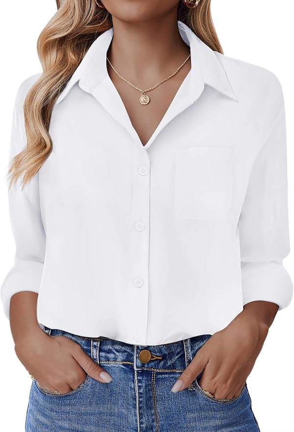 HOTOUCH Button Down Shirt for Women Basic Work Office Drop Shoulder Blouse Casual Loose Long Slee... | Amazon (US)