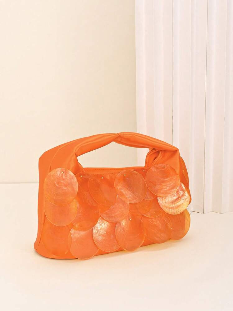 Orange Shell Decor Cloud Clutch Bag, Premium Satin Evening Bag, Inspired By Y2K Style Orange Shell Decor Satin Cloud Clutch Bag, Cute Rainbow Color Evening Bag With Foldable Top Handle, Suitable For Z-Gen Girls, Applicable For Prom, School Dance, K-Pop Concert, Party Night Out, Premium Foldable Top Handle, Women's Luxury Handbag, Suitable For Royal Ascot | SHEIN